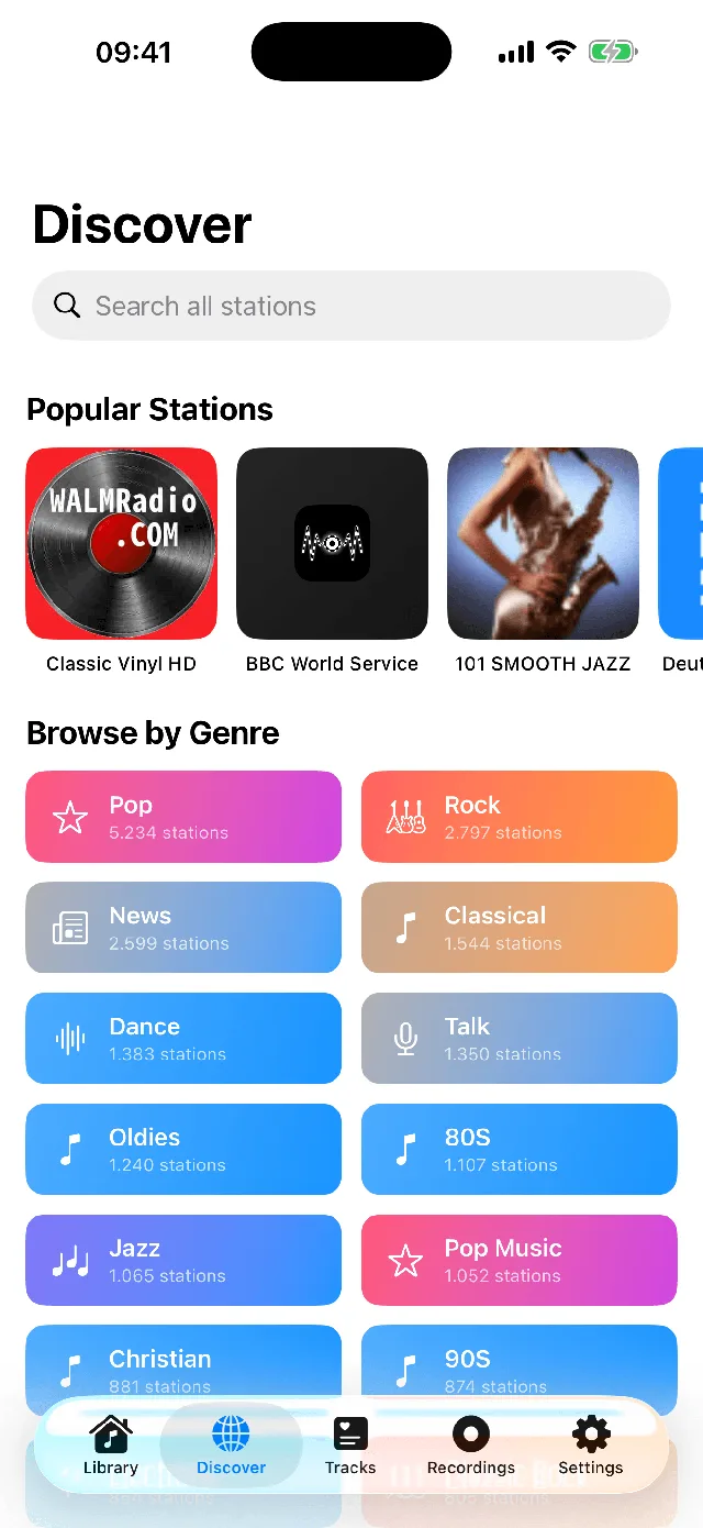 Macdio radio Discover screen in light mode on iPhone