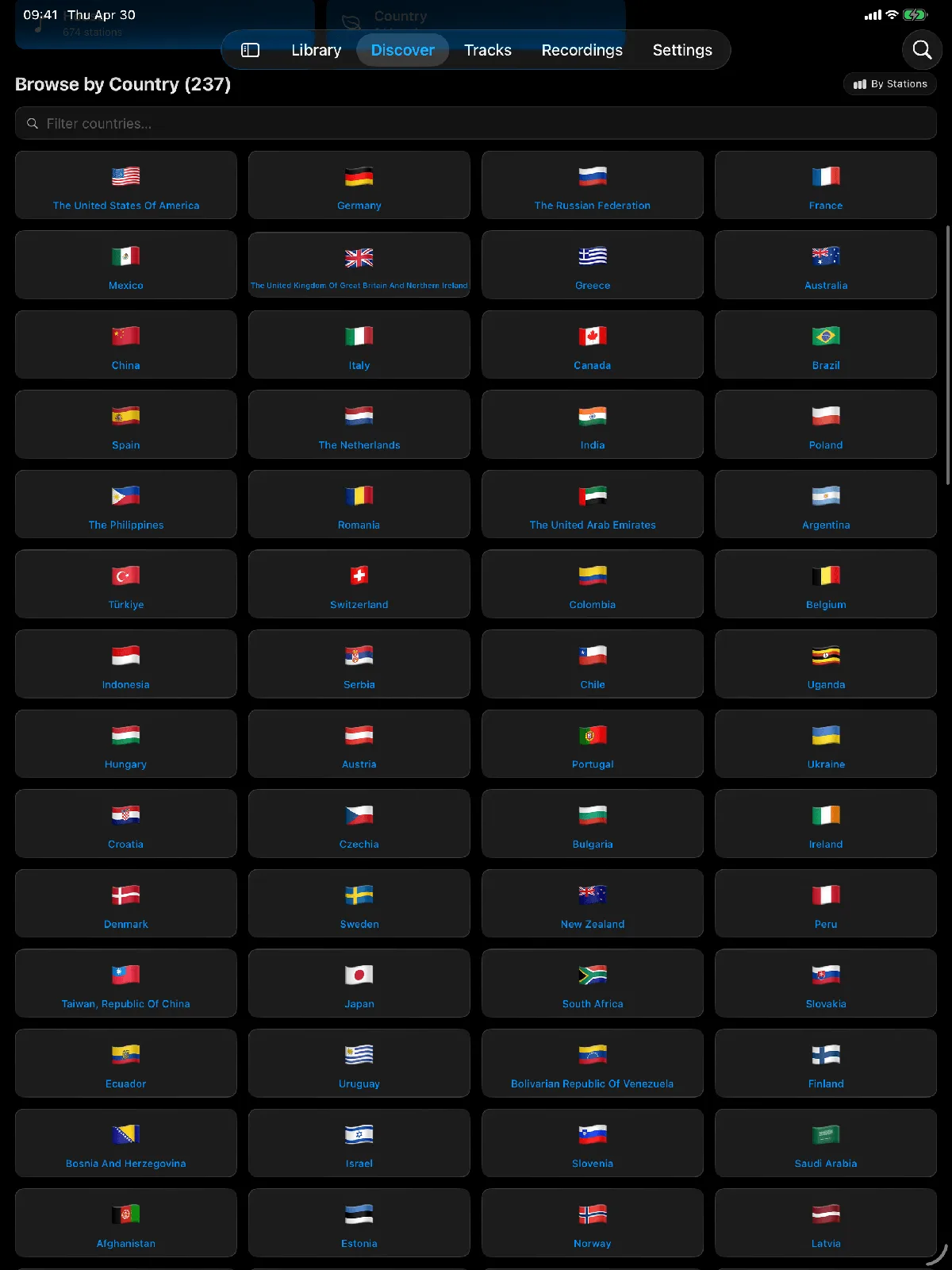 Browsing radio stations by country on iPad