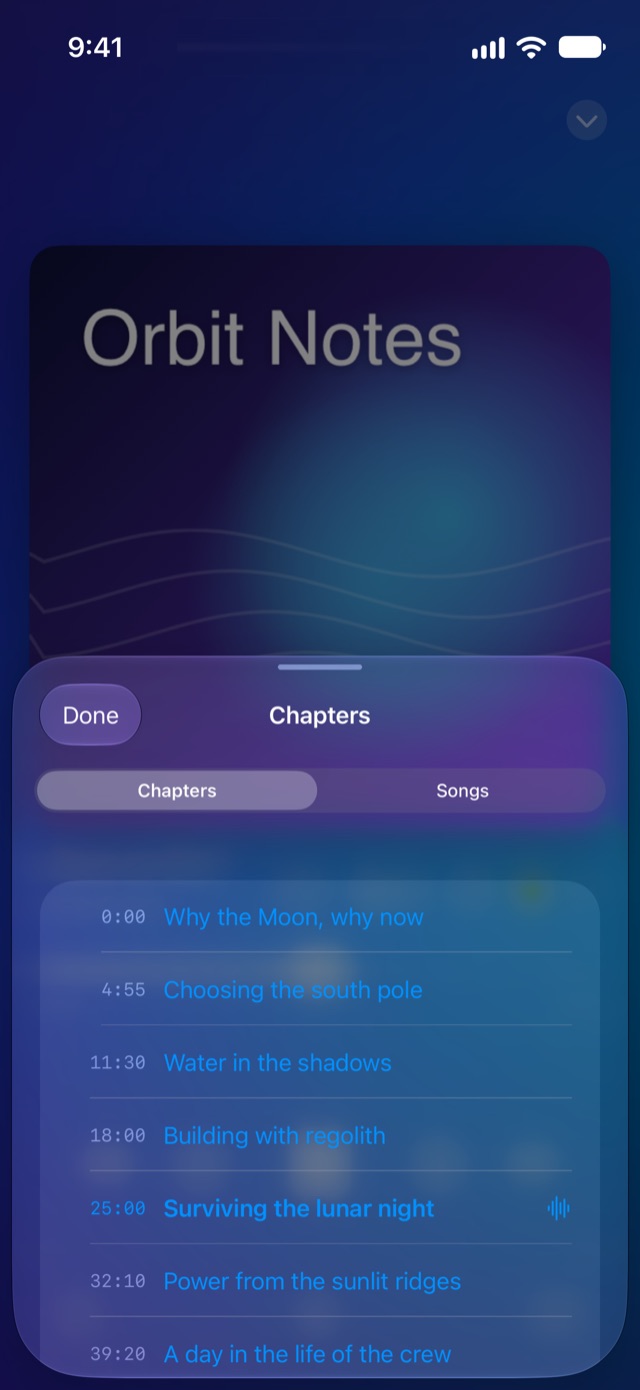 Chapters of a podcast episode in Macdio on iPhone