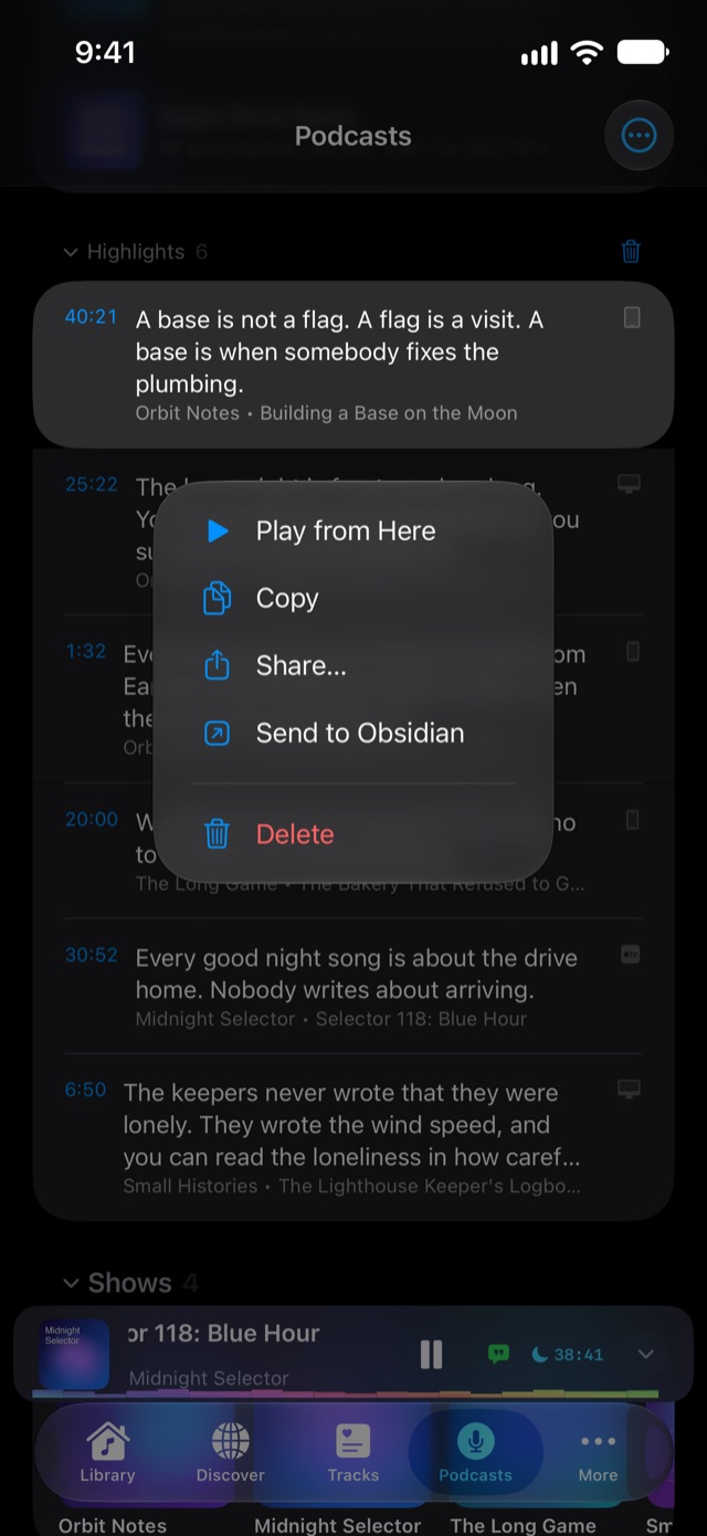 The menu of a saved podcast highlight in Macdio with Play from Here, Copy, Share and Send to Obsidian