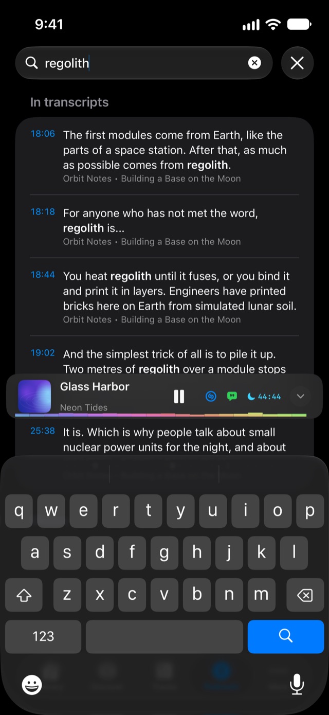 Macdio on iPhone searching for a word inside the transcripts of several podcast episodes