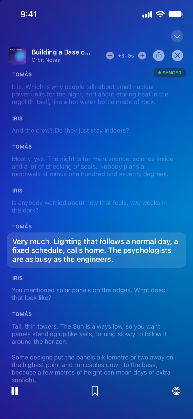 A live transcript following the speakers of a podcast episode on iPhone
