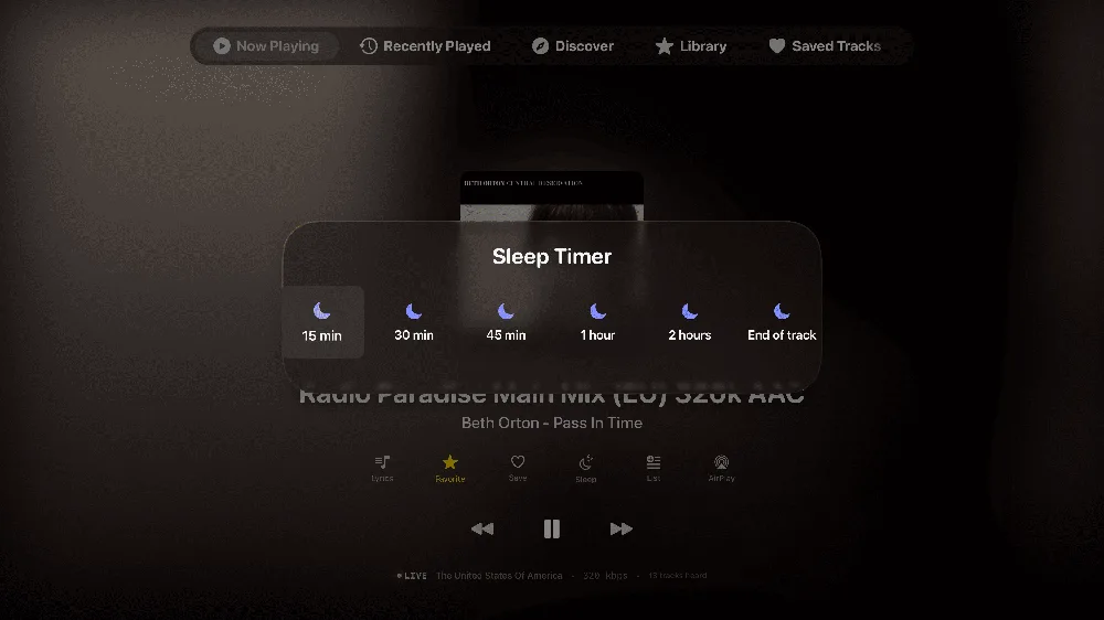 Sleep timer in the Apple TV radio player