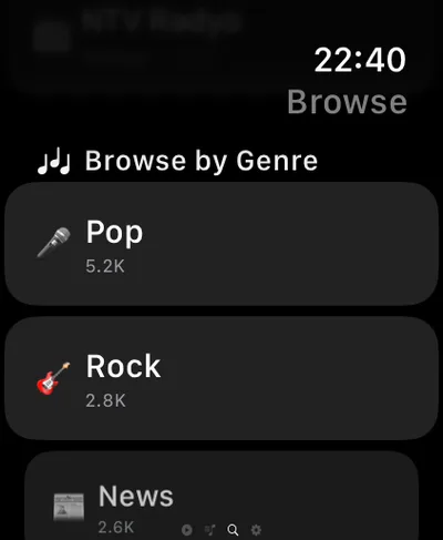 Browsing radio by genre on Apple Watch