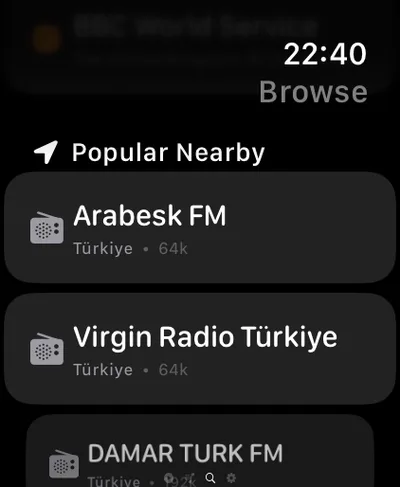 Popular nearby radio stations on Apple Watch